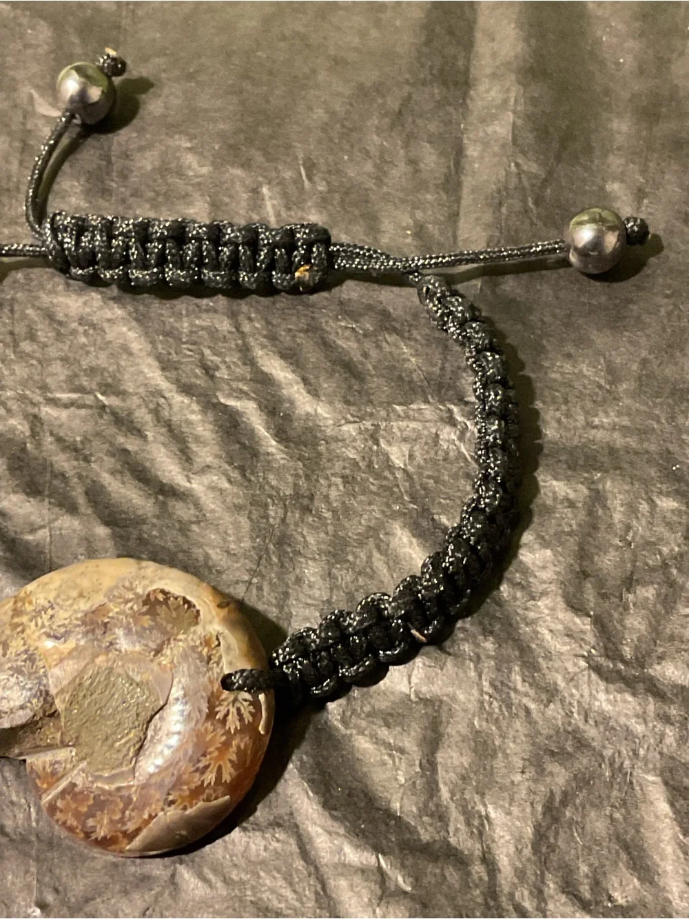 Handmade Black Macrame Bracelet with Brown Fossil Stone Pendant-Unisex